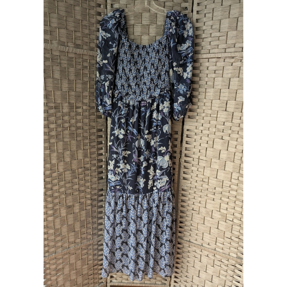 Tiered Maxi Dress Navy Blue Floral Smocked Puff Sleeve Cutout Tie Back 6 Lined